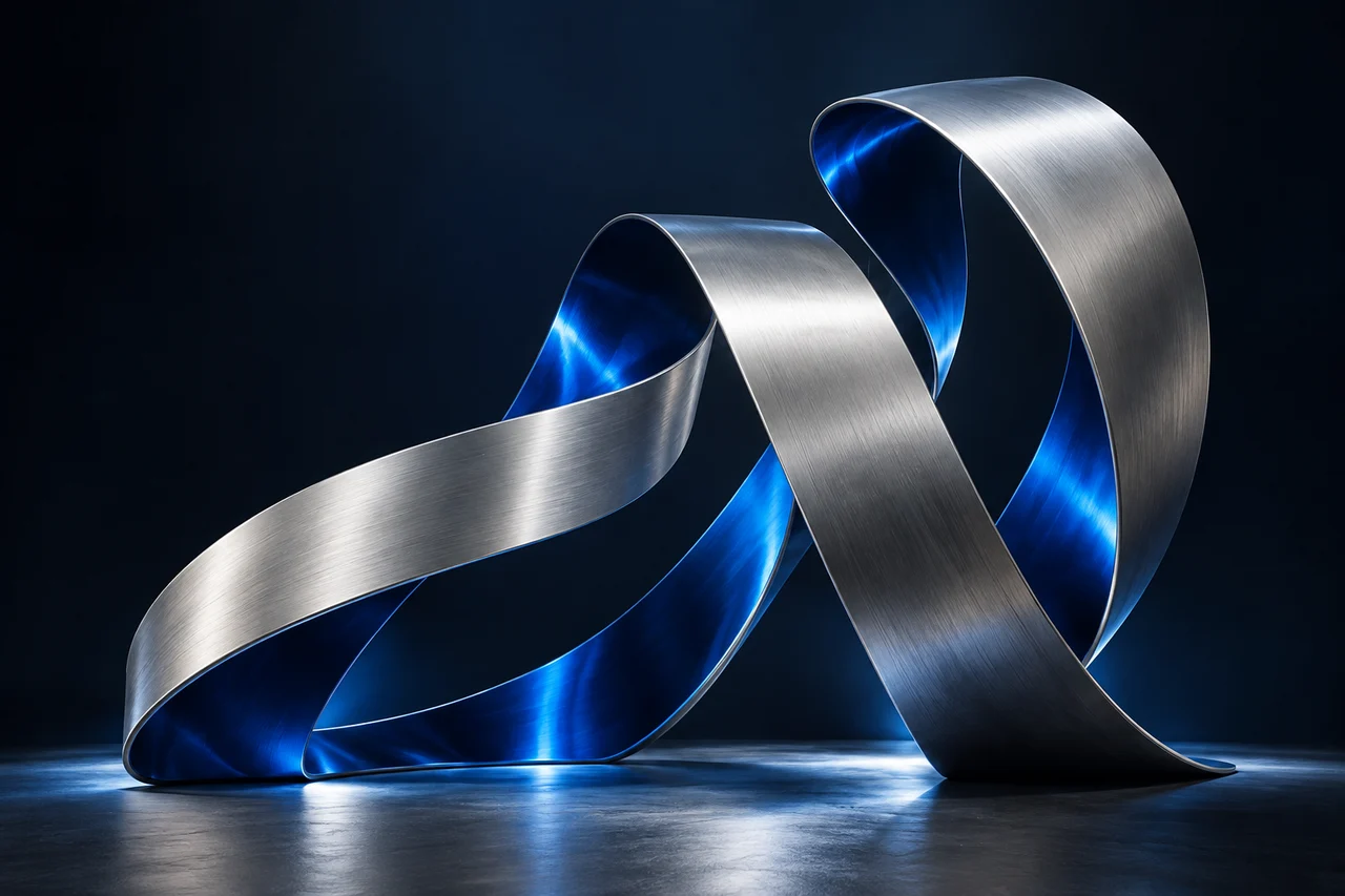 Three sculptural cobalt and aluminum ribbons coming together