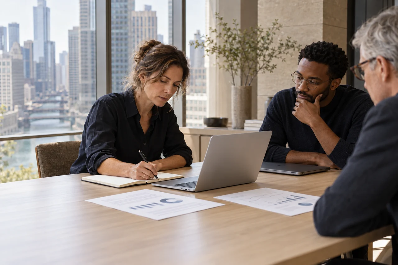 A small group collaborating on a technology strategy in a sunlit office